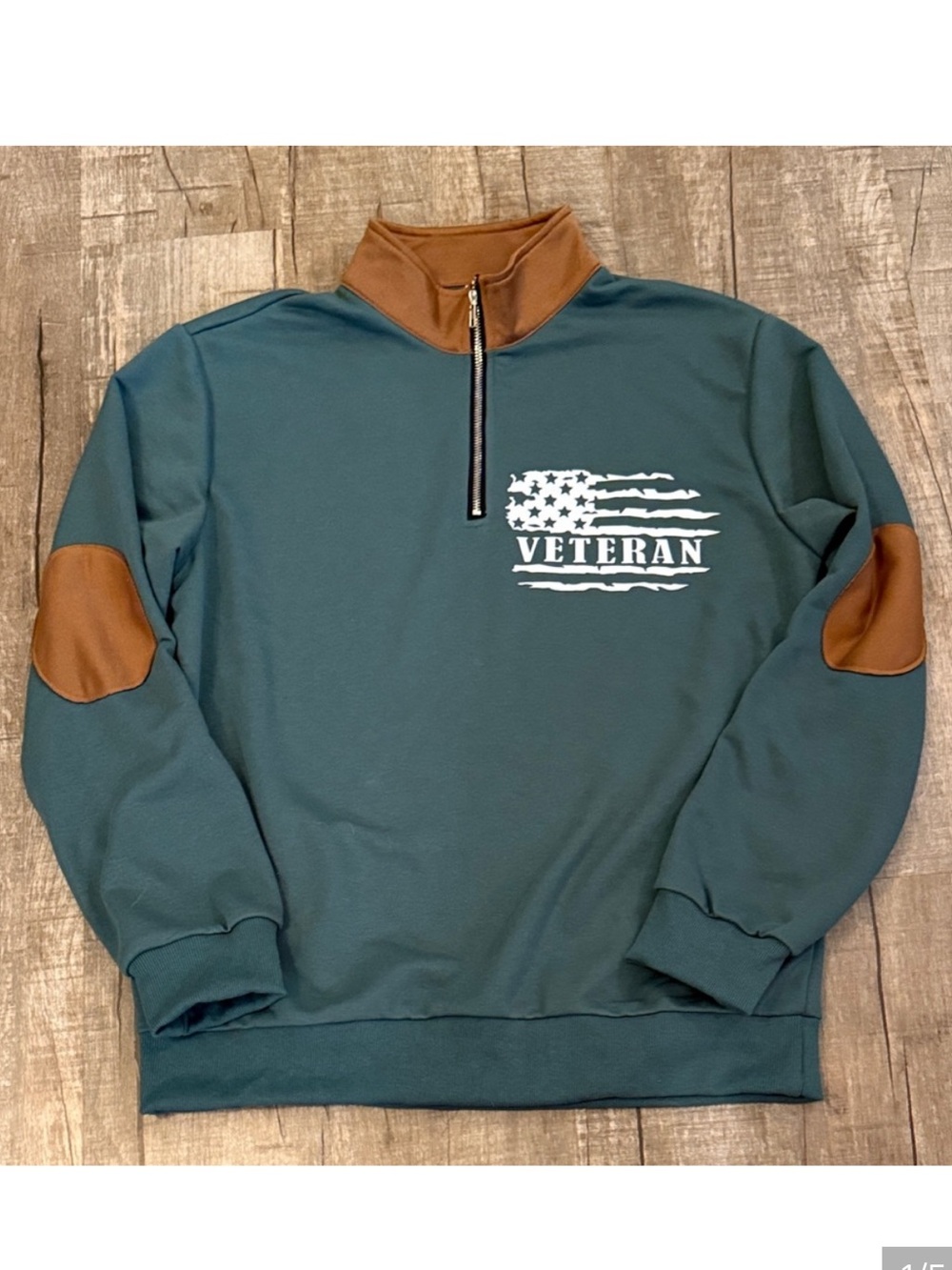 Veteran American Flag Logo Quarter-Zip Pullover with Elbow Patches Accents